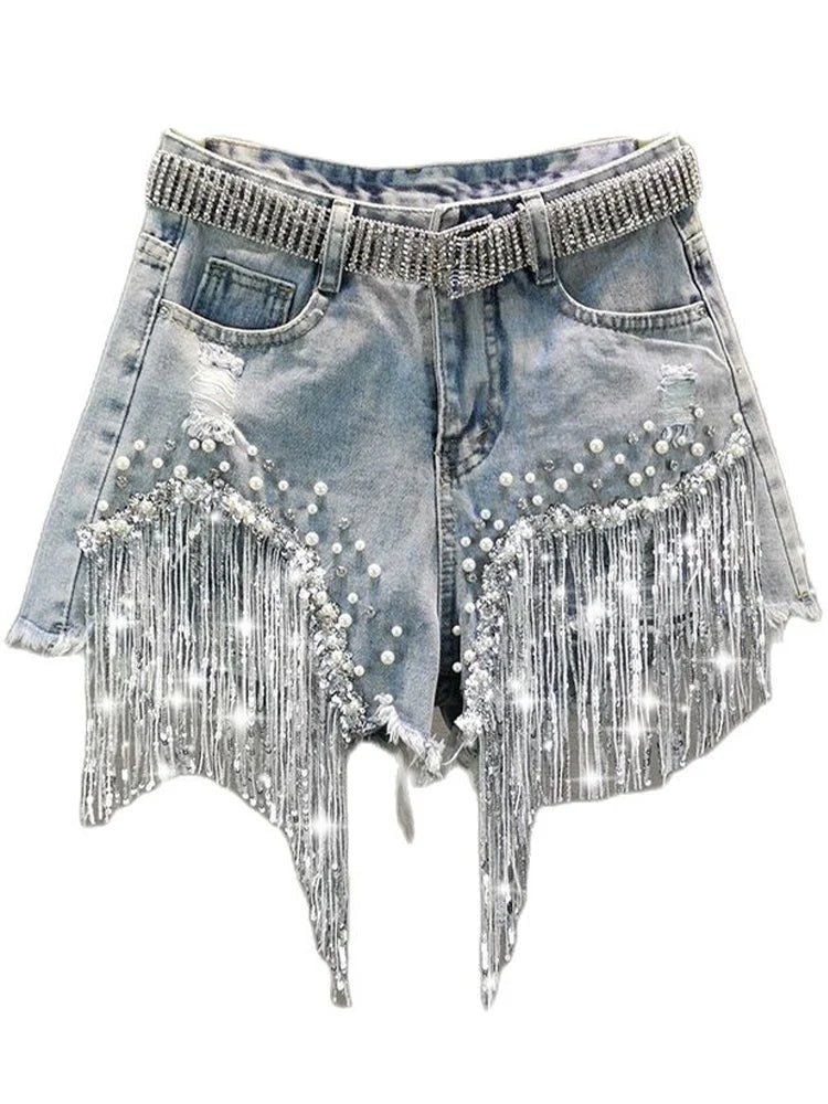 Summer Elegant Shorts Lady Tassel Beading High Waist Wide Leg Denim Shorts Female Casual Solid Shorts Jeans for Women Clothing - Chrissy's Eye