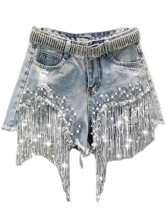 Summer Elegant Shorts Lady Tassel Beading High Waist Wide Leg Denim Shorts Female Casual Solid Shorts Jeans for Women Clothing - Chrissy's Eye