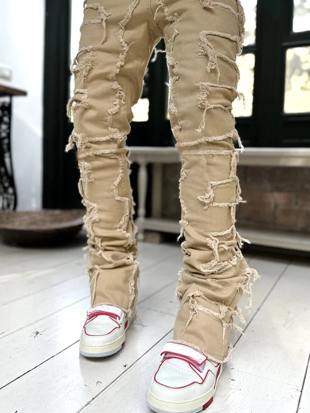Men's Regular Fit Stacked Jeans Ripped Slim Fit Patch Distressed Destroyed Straight Denim Pants Hip Hop Streetwear Trouser Cloth - Chrissy's Eye