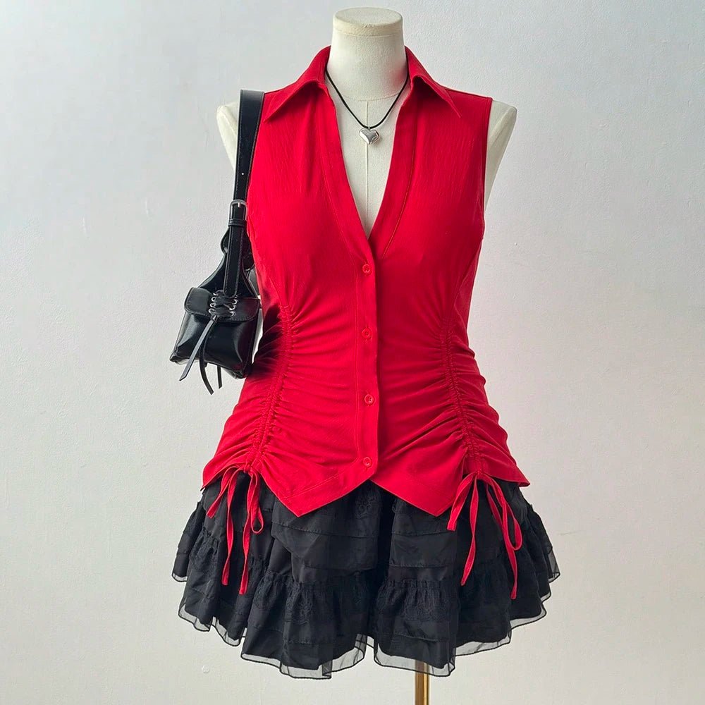 Plus Size Summer New Women's Big Size Music Festival Tie Bow Slim Slim Sleeveless Shirt Polyester Material - Chrissy's Eye