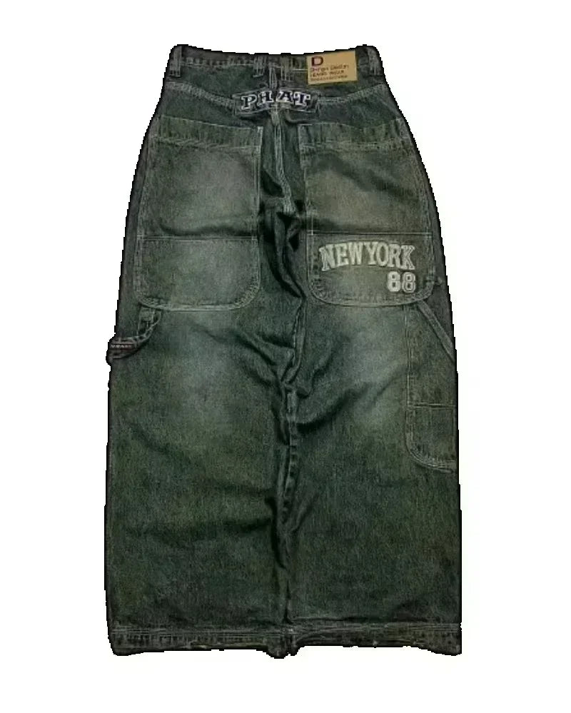 Street Fashion Trend Skull Embroidered Jeans Women Harajuku Y2K New Hip Hop Joker Straight Wide-leg Pants Couple Casual Jeans - Chrissy's Eye