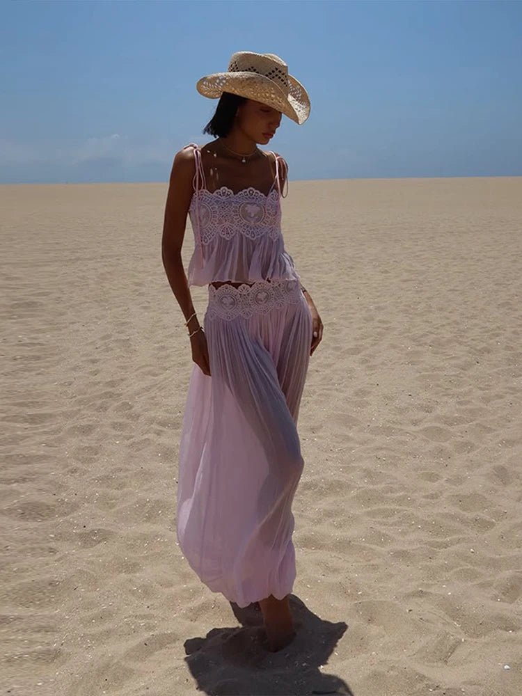 2026 Summer Fashion Square Neck Ruffled Crop Top & Long Pants 2-Piece Set Elegant Boho Resort Vacation Casual 2 Pcs Beach Outfit - Chrissy's Eye