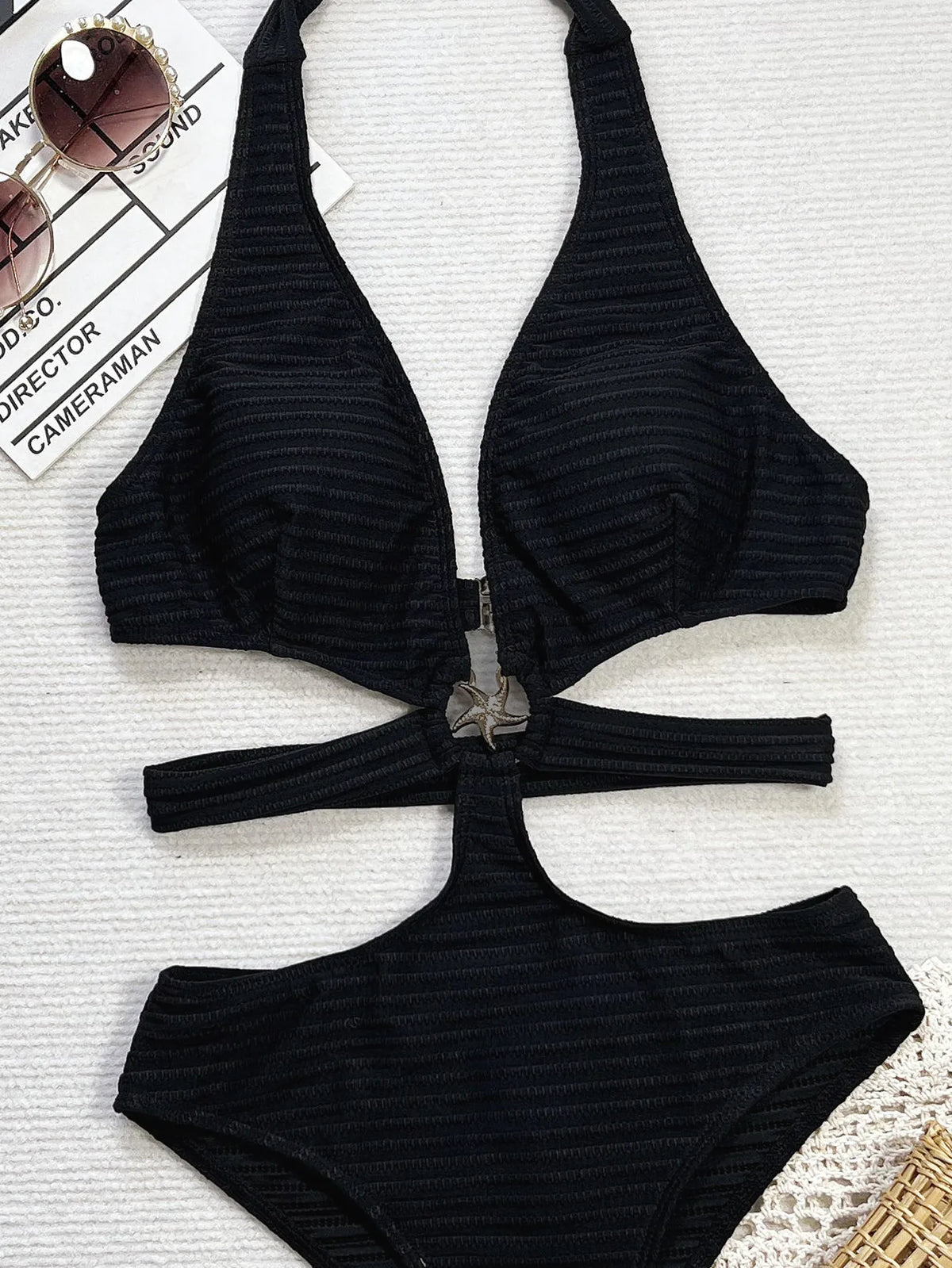Solid Color Halter Bandage One Piece Swimsuit 2025 New Black Hollow Out Backless Swimwear Metal Starfish Patchwork Bathing Suit - Chrissy's Eye