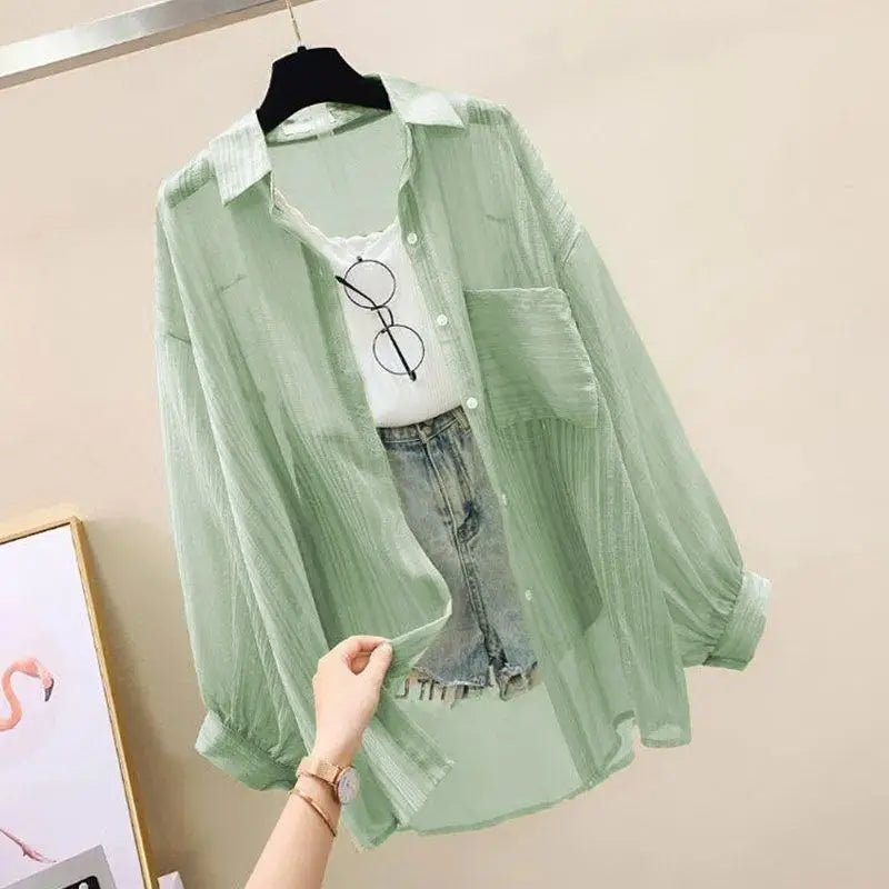 Summer Sunscreen Shirt Elegant Perspective Thin Chiffon Blouse Korean Harajuku See Through Loose Top Casual Women's Cardigan - Chrissy's Eye