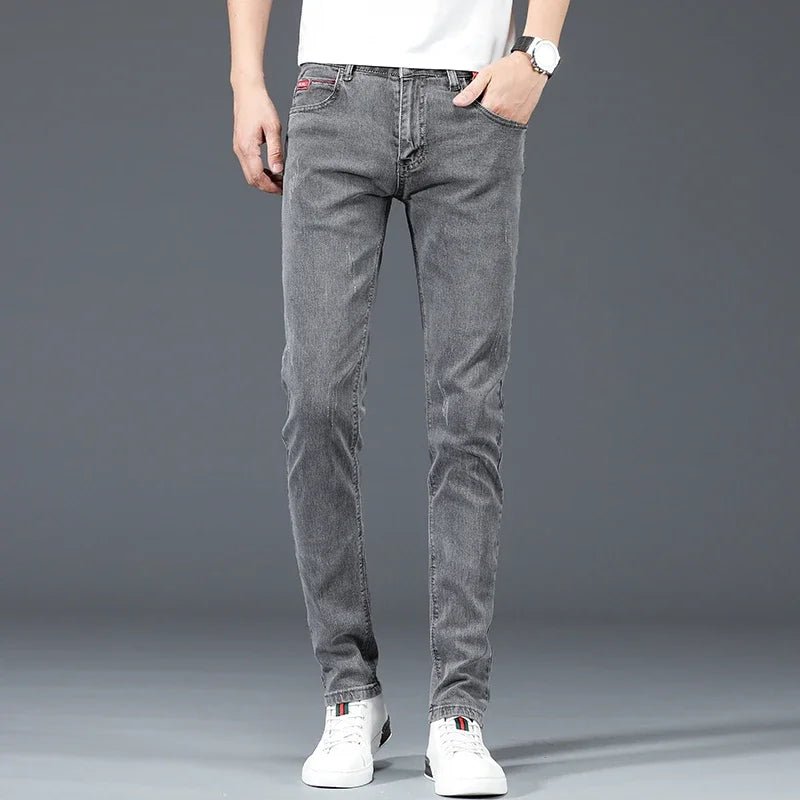 2024 New Men's Cotton Business Casual Skinny Jeans Trendy Fashionable Stretch Straight Slim Denim Trousers Male Blue Grey - Chrissy's Eye
