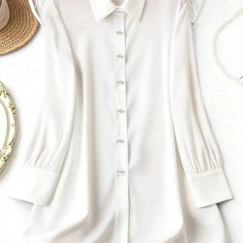 French High-End Style Plus-Size Casual Shirt | Loose Laid-Back, Silk-Like Lapel Long-Sleeve Blouse - Chrissy's Eye