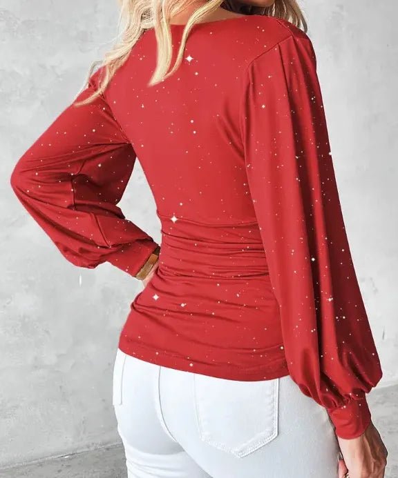 Elegant Red Sequin Blouse with Long Sleeves and Ruched Waist - Polyester Knit Fabric Perfect for Spring/Summer/Fall Stylish Bl - Chrissy's Eye