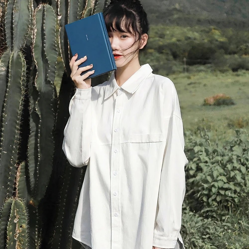 100% Cotton Oversized White Shirt Women Korean Long sleeve Basic Blouse Female Loose Casual Tops Button up Lady Tunic - Chrissy's Eye