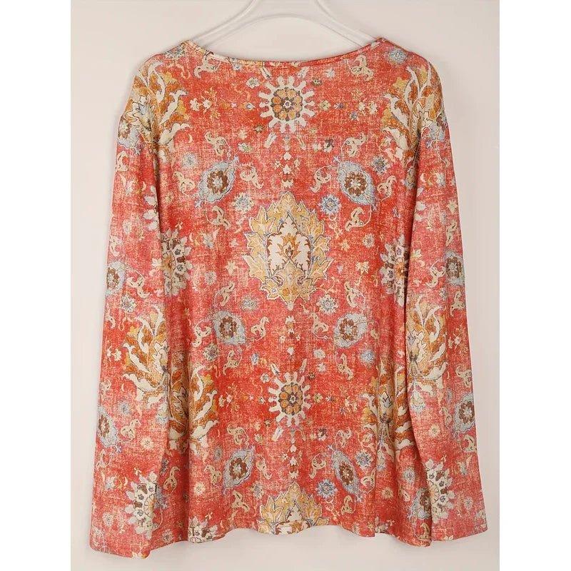 Plus Size Boho Top Women's Plus Floral Print Long Sleeve T-Shirt Casual V Neck Slight Stretch Top Clothing - Chrissy's Eye