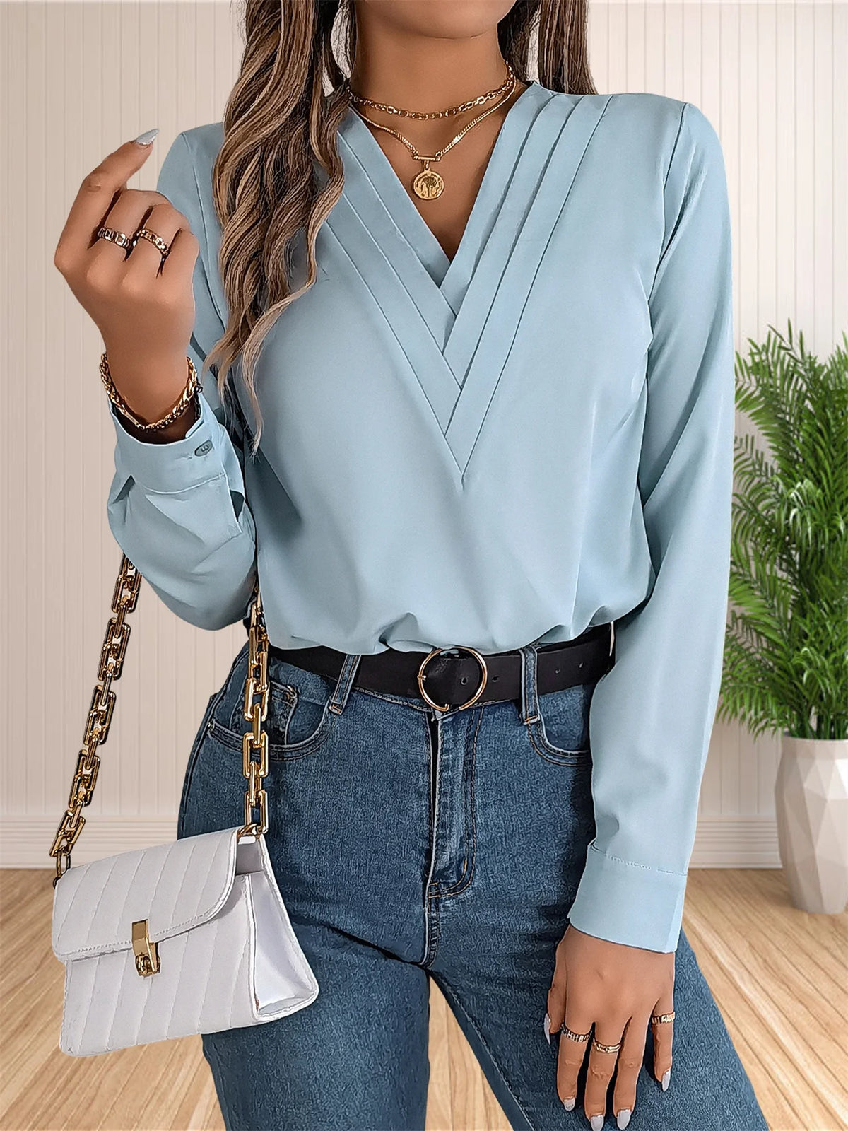 Women's Elegant Business Office Blouse Layered V Neck Long Sleeve Dressy Shirts Work Tops - Chrissy's Eye