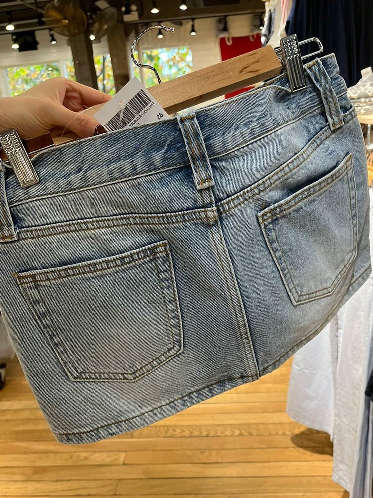Women's Vintage Low Waist Denim Skirts Casual Chic Pockets A-line Mini Skirts - Chrissy's Eye