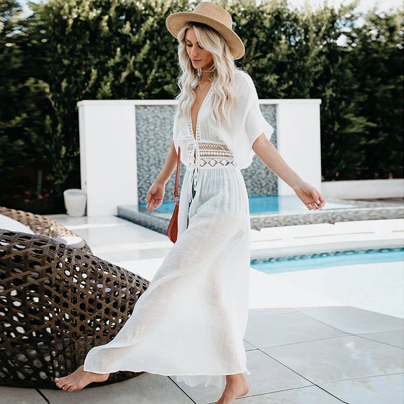Womens Long Lace Cover Up Sheer Bikini Kimono Tie Front Bathing Suit Swimsuit Beachwear - Chrissy's Eye