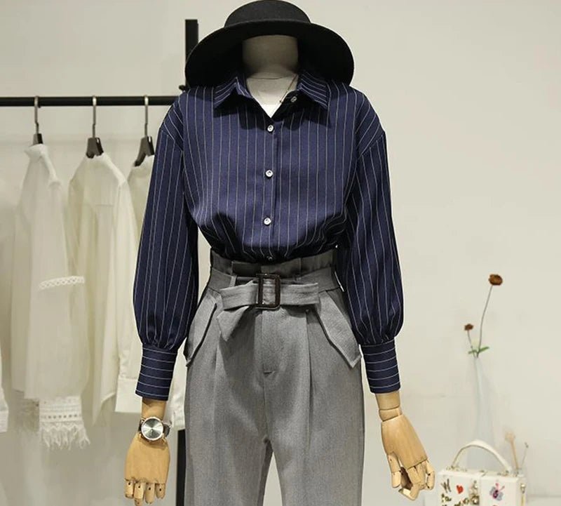 Retro Striped Women's Shirt, Office Long Sleeve Casual Blouse, Button-down Turn Down Collar blouse - Chrissy's Eye