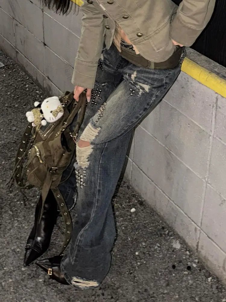Women Vintage Ripped Y2k Jeans Streetwear American Retro Rivet Hole Design Denim Pants High Street Grunge Trousers Pantalones - Chrissy's Eye