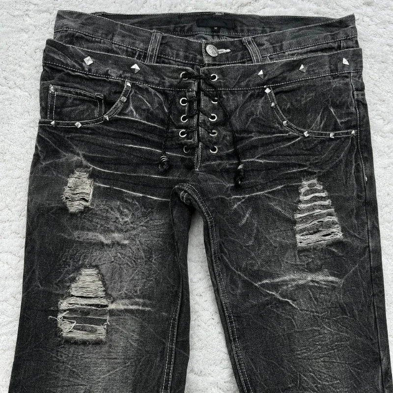New Retro Double Waisted Lace Up Micro Flared Women Pants Streetwear Y2K Washed High-Quality Design Sense Men and Women Jeans - Chrissy's Eye