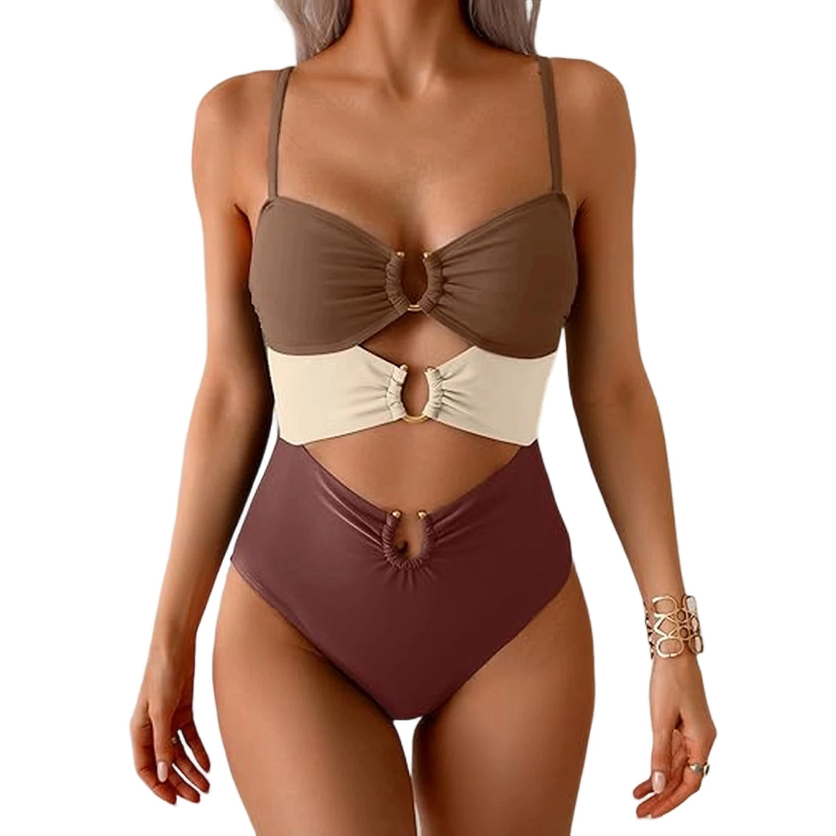 Sexy Cutout Swimsuit Solid Color Summer Spaghetti Strap Color Block Ring Detail One Piece Beach High Cut Bathing Suit - Chrissy's Eye