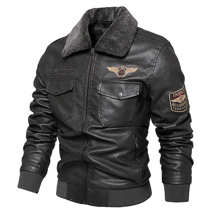 Men's Fleece Fur Collar Windbreaker Coat, Pu Jacket, Thick Warm Cashmere Military Bomber - Chrissy's Eye