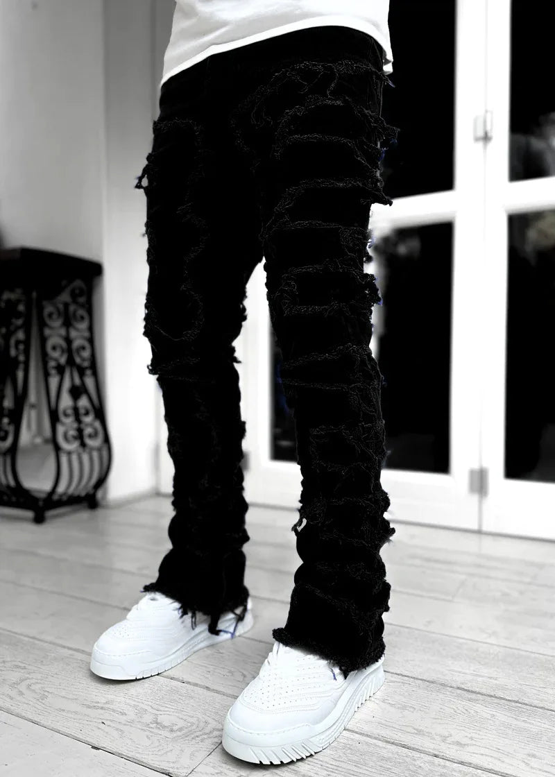 Men's Regular Fit Stacked Jeans Ripped Slim Fit Patch Distressed Destroyed Straight Denim Pants Hip Hop Streetwear Trouser Cloth - Chrissy's Eye
