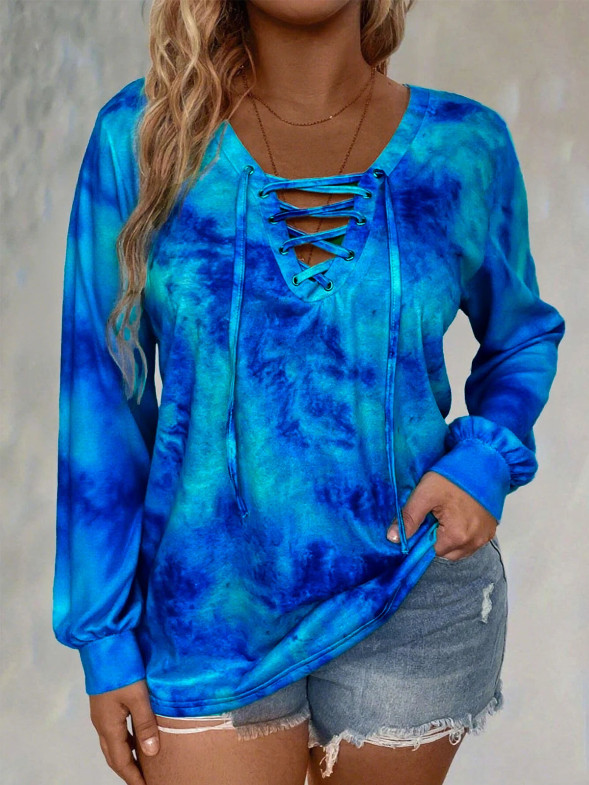 plus size women's tie dye printed long sleeved T-shirt made of polyester knitted fabric elegant lace up casual and comfortable - Chrissy's Eye
