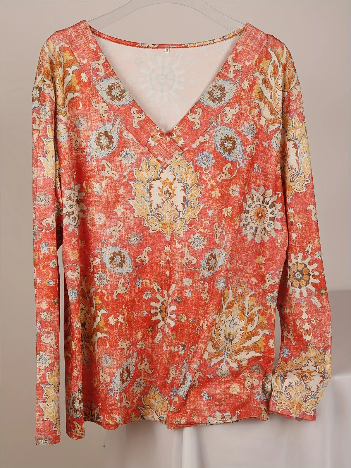 Plus Size Boho Top Women's Plus Floral Print Long Sleeve T-Shirt Casual V Neck Slight Stretch Top Clothing - Chrissy's Eye