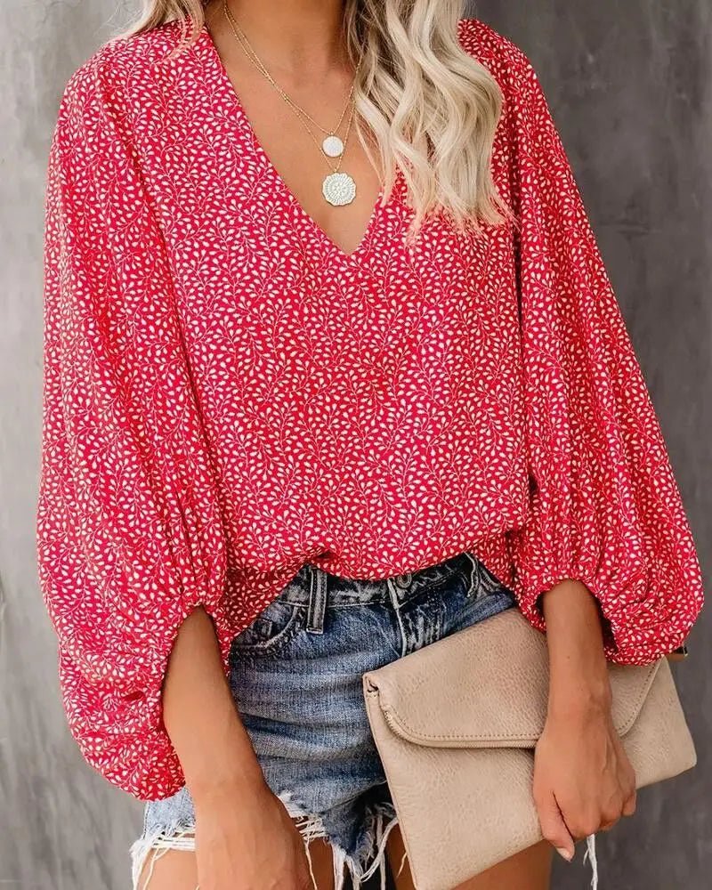 2023 New European and American Cross Boder Spring/Summer/Autumn V-neck Casual Shirt Printed Lantern Sleeve Top Women's W - Chrissy's Eye