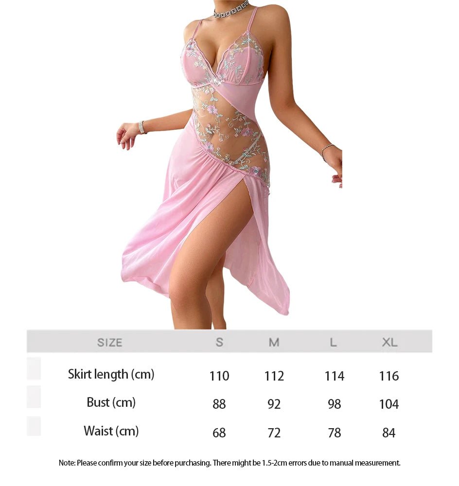 Pink Flower Printed Women Open Back Split Nightdress Homewear Lace Sexy V-Neck Perspective Summer Thin Breathable Slip Sleepwear - Chrissy's Eye