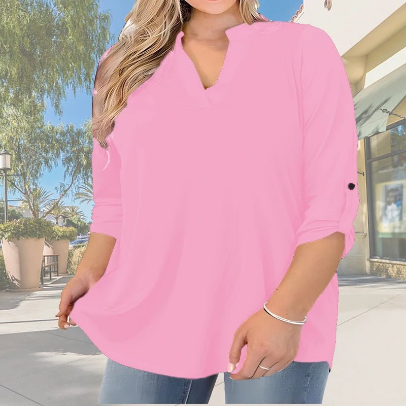 2025 New Women's Plus Size Summer Casual V-Neck Button-Front Blouse - Elegant Loose Fit Short Sleeve Machine Washable Solid - Chrissy's Eye