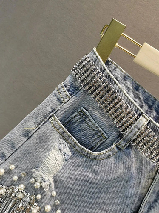 Summer Elegant Shorts Lady Tassel Beading High Waist Wide Leg Denim Shorts Female Casual Solid Shorts Jeans for Women Clothing - Chrissy's Eye
