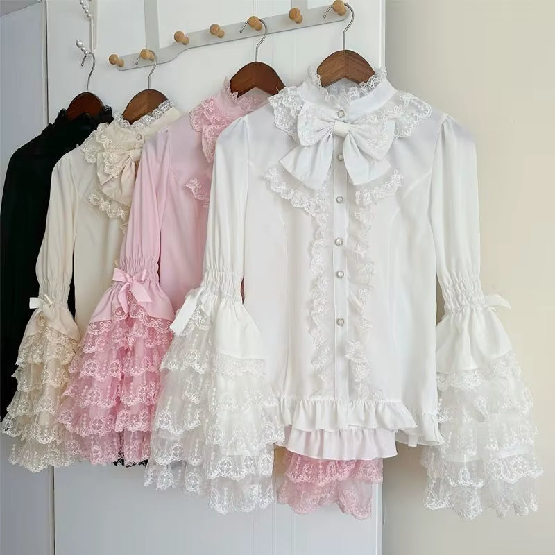 Gothic Long Sleeve Ruffled Blouse for dress, Lace Top with Puff Sleeves in Pink/White by ChrissysEye