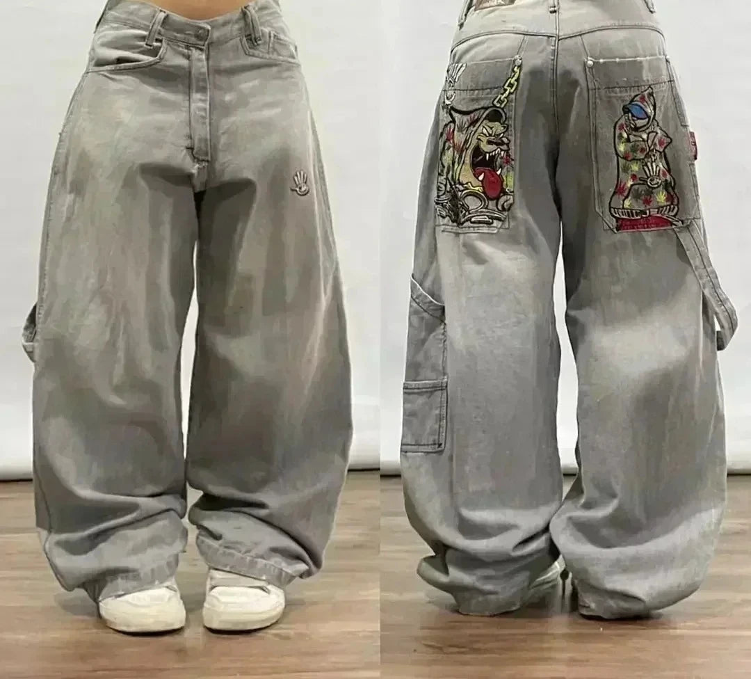 Street Fashion Trend Skull Embroidered Jeans Women Harajuku Y2K New Hip Hop Joker Straight Wide-leg Pants Couple Casual Jeans - Chrissy's Eye