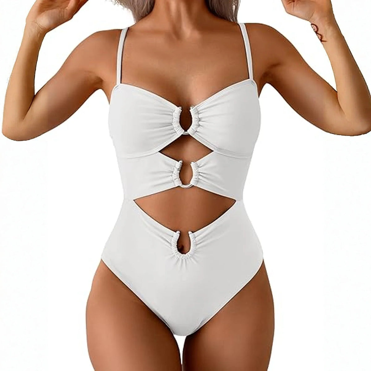 Sexy Cutout Swimsuit Solid Color Summer Spaghetti Strap Color Block Ring Detail One Piece Beach High Cut Bathing Suit - Chrissy's Eye