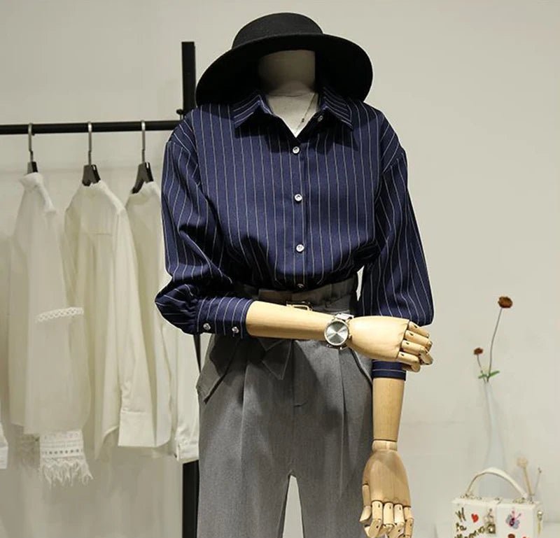 Retro Striped Women's Shirt, Office Long Sleeve Casual Blouse, Button-down Turn Down Collar blouse - Chrissy's Eye