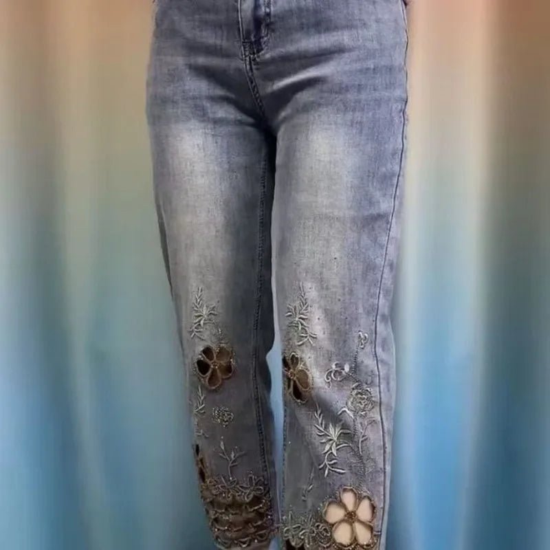 Women's high-end hollowed out embroidered denim thin high waist stylish Jeans - Chrissy's Eye