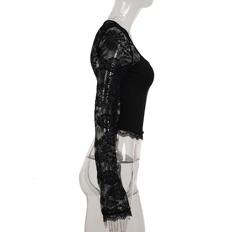 SsTss Solid Slim Sheer Lace Top for Women Fashion Hollow Out Long Sleeve Square Neck Slim Stretch Basic Crop T Shirt for Dating - Chrissy's Eye