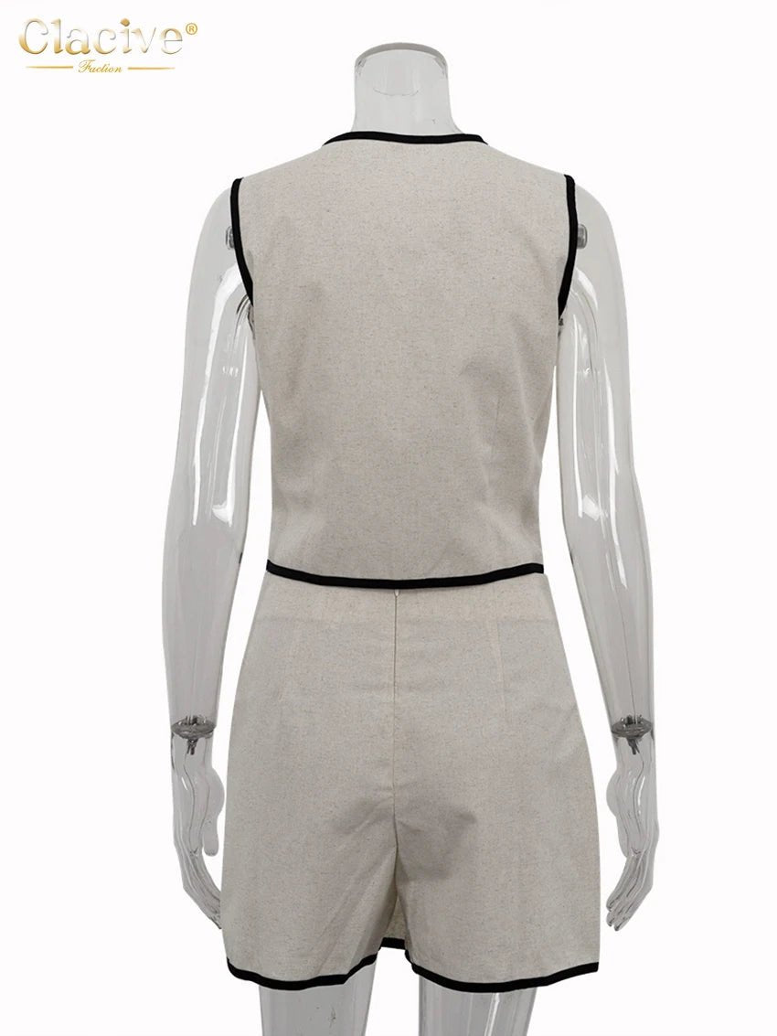 Clacive Summer Slim Khaki Cotton 2 Piece Set Woman Outfit 2025 Fashion Sleeveless Crop Top With High Waist Shorts Set Streetwear - Chrissy's Eye