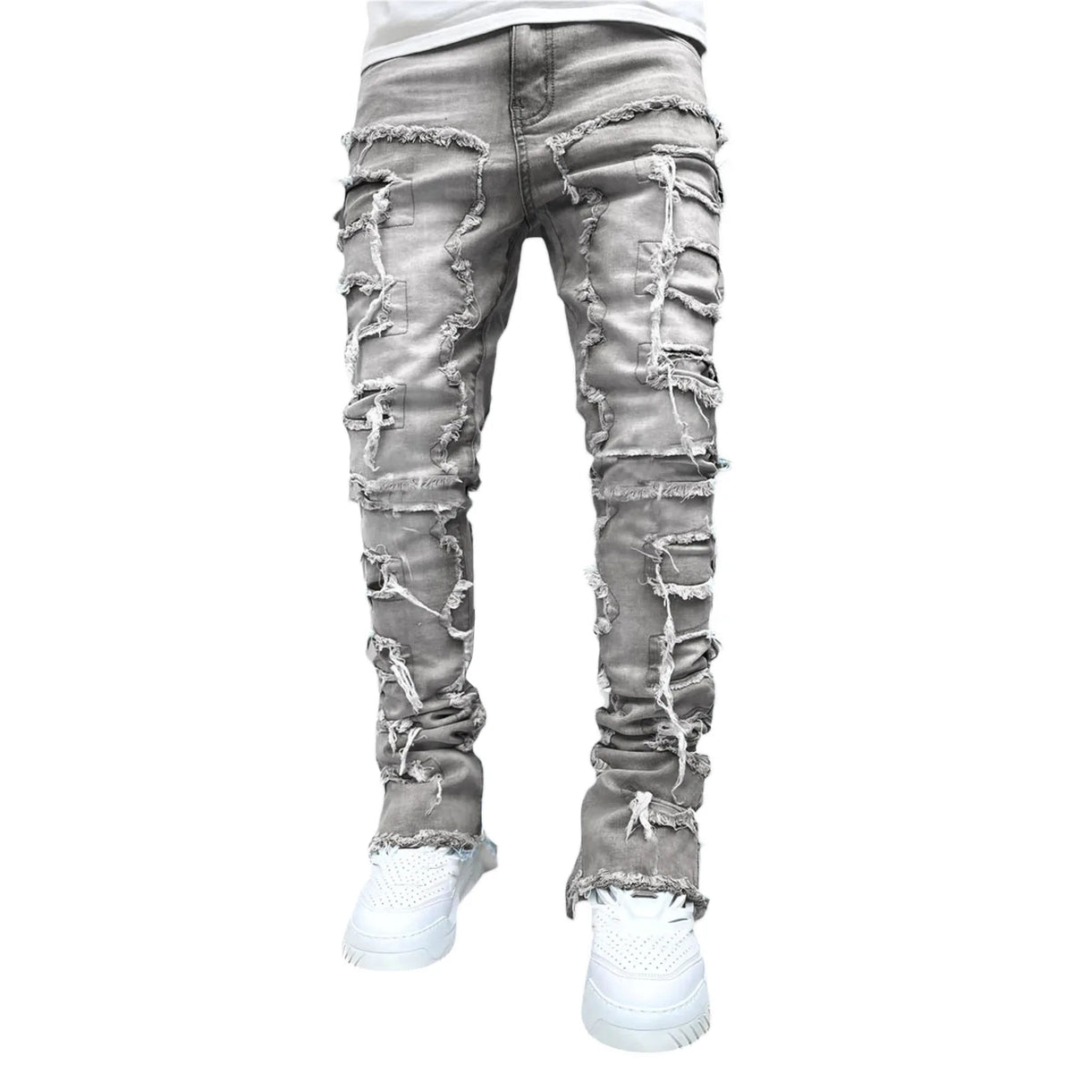 Men's Regular Fit Stacked Jeans Ripped Slim Fit Patch Distressed Destroyed Straight Denim Pants Hip Hop Streetwear Trouser Cloth - Chrissy's Eye