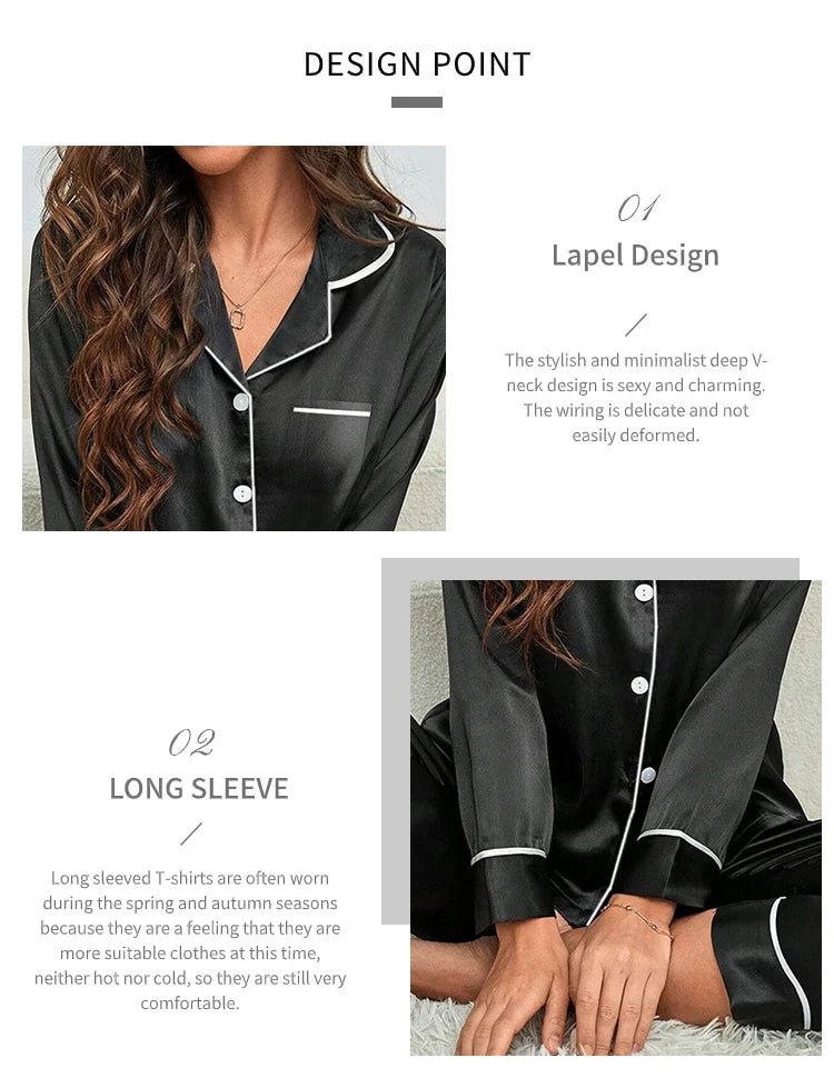 Plus Size Fall and Winter Silk Satin Women Pajamas Set Button down Top & Trousers 2 PCS Set Sleepwear Solid Nightwear Loungewear - Chrissy's Eye