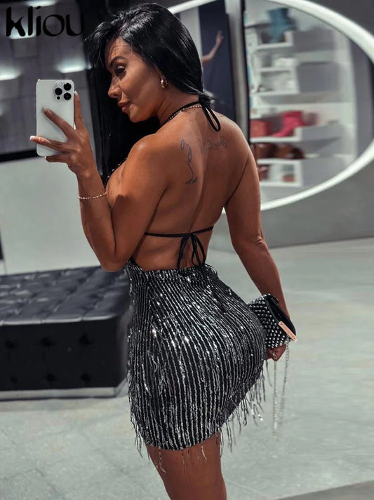 Kliou Tassel Patchwork Shiny Mini Dress Women Halter Bandage Stunning Backless Sleeveless Skinny Vestido Female Party Clubwear - Chrissy's Eye