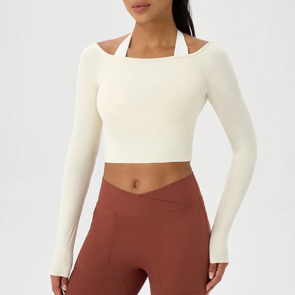 Women Sexy Off Shoulder Yoga Top Long Sleeve Gym Running Top Solid Quick-Dry Sport Workout Shirt - Chrissy's Eye