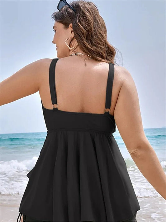 Plus Size Two Piece Tankini Set Woman Swimsuit Knotted Front Ruffle Swim Dress Abdomen Control Chubby Swimwear 2 Pieces - Chrissy's Eye