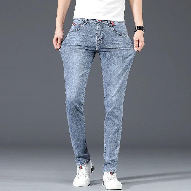 2024 New Men's Cotton Business Casual Skinny Jeans Trendy Fashionable Stretch Straight Slim Denim Trousers Male Blue Grey - Chrissy's Eye