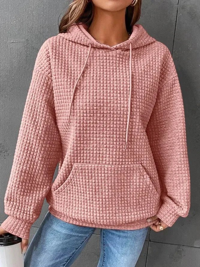Women's hooded sweatshirt spring and autumn style waffle fashion beautiful solid color hooded drawstring loose sweatshirt - Chrissy's Eye