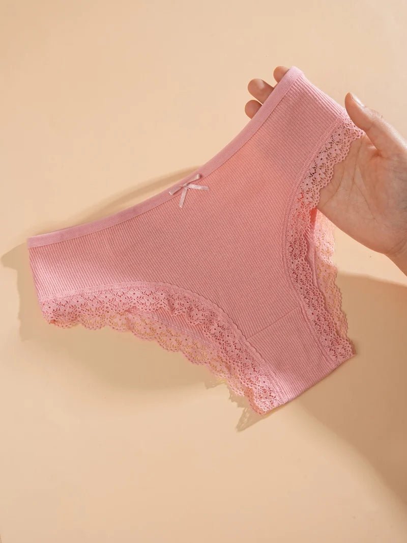 8PCS Women's Cotton Fabric Panties Sexy Lace Bowknot Solid Color Bikini Underpants Fashion Double Straps Comfortable Underwear - Chrissy's Eye
