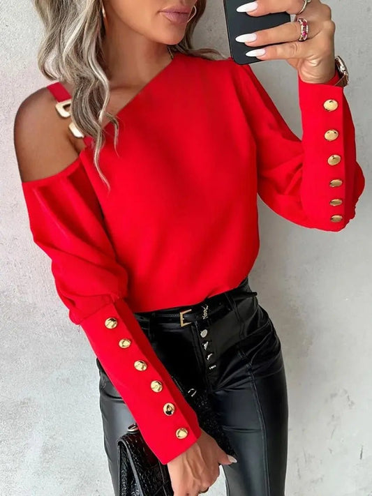 Fashion Lantern Sleeve Button Splicing Shirt Women Elegant Office Commuter O Neck Blouse Female Autumn Spring Daily Casual Tops - Chrissy's Eye