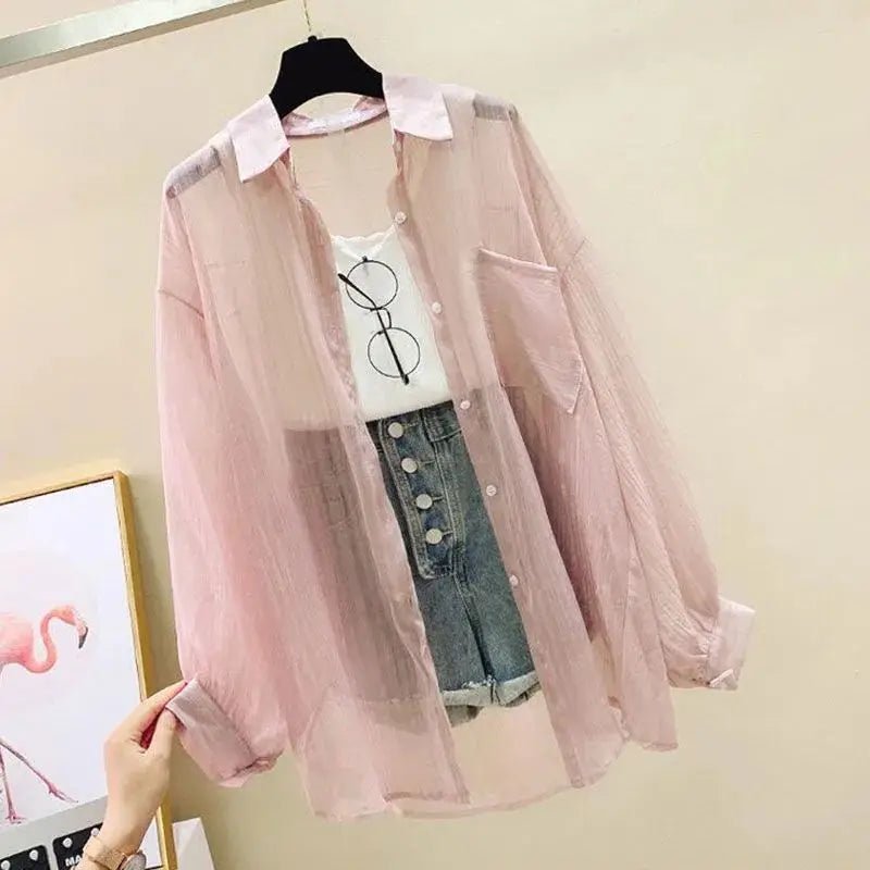 Summer Sunscreen Shirt Elegant Perspective Thin Chiffon Blouse Korean Harajuku See Through Loose Top Casual Women's Cardigan - Chrissy's Eye