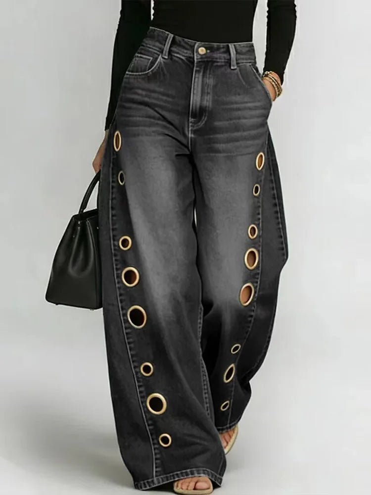 DFCF Vintage Jeans Women Fashion Casual Streetwear Jeans Y2k Loose Pockets Hollow Out Wide Leg Pants 2026 New All Season Jeans - Chrissy's Eye