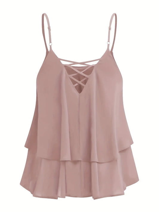 plus Size Ladies Solid Color Chiffon Double Layer Meat Concealing Top with Fine Strap Cross Back Design for Daily Commuting And - Chrissy's Eye