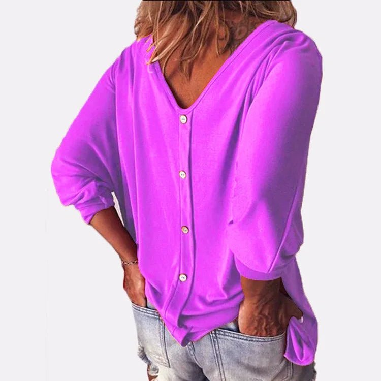 Plus Size Loose Women's Shirt V-Neck Overhead Three-Quarter Sleeve Casual Female Top Button Decoration Padded Shoulder - Chrissy's Eye