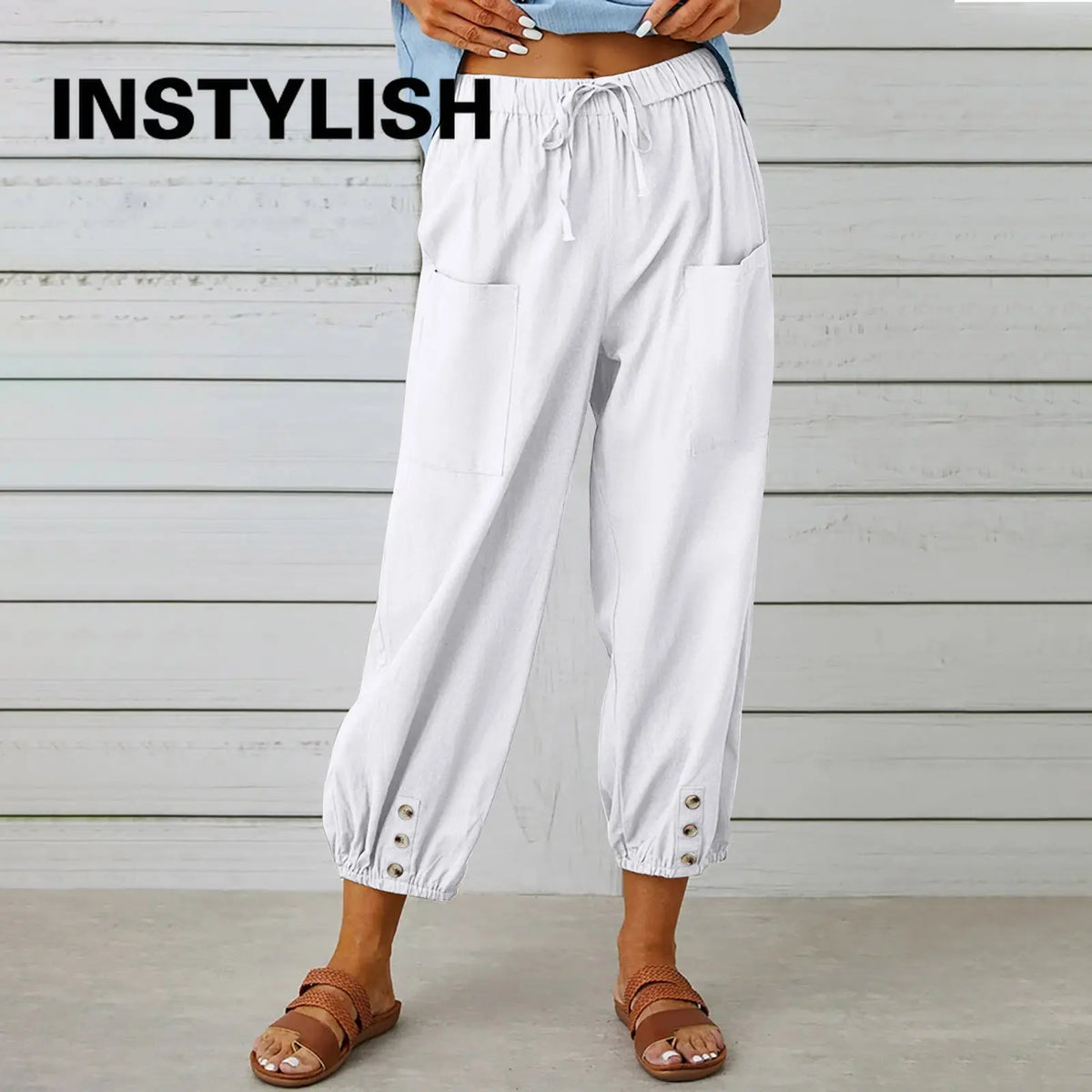 Women Cotton Linen Pants 2023 Autumn Solid Color Elastic Waist Loose Straight Trousers Female Harajuku High Waist Wide Leg Pants - Chrissy's Eye