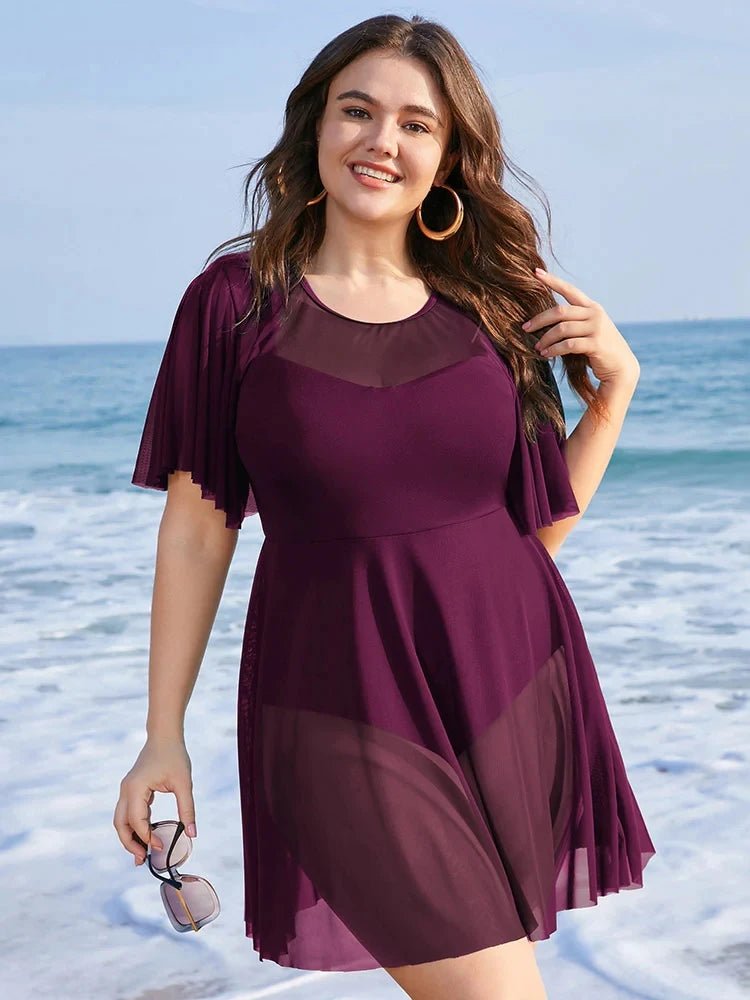 Plus Size Womens One Piece Tummy Control Swimdress Solid Mesh Patchwork Ruffle Sleeve Cover Up Swim Dress Chubby Swimsuit - Chrissy's Eye